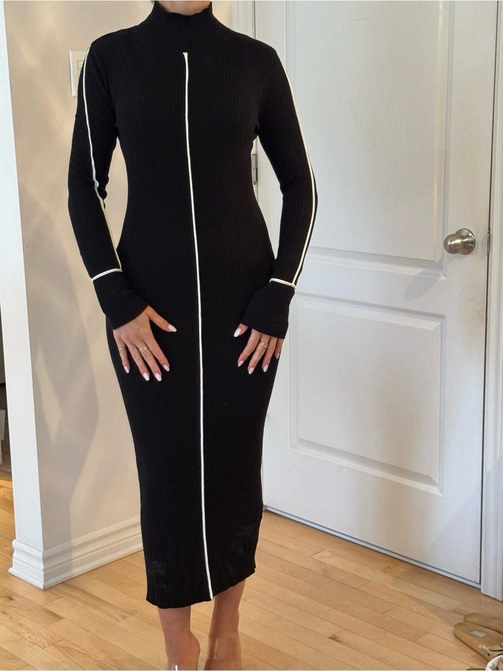 Zara Black Ribbed Midi Dress with Contrast Trim